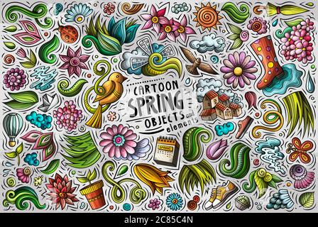 Insieme di elementi, oggetti e simboli del tema Primavera Illustrazione Vettoriale