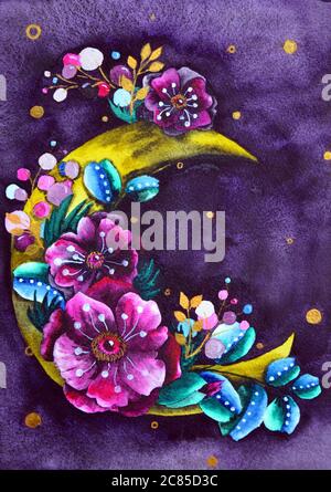 Luna di Crescent con composizione floreale. Illustrazione trendy in stile bohemien acquerello con anemoni rosa e foglie su sfondo blu scuro Foto Stock