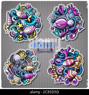 Set di adesivi per cartoni animati subacquei Illustrazione Vettoriale