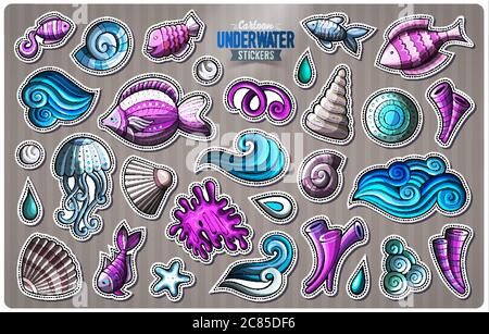 Set di adesivi per cartoni animati subacquei Illustrazione Vettoriale