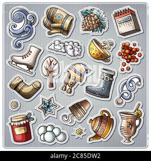 Set di adesivi cartoni animati della stagione invernale Illustrazione Vettoriale