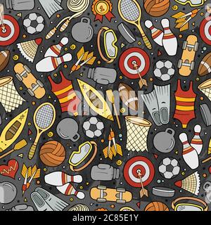 Cartoon cute disegno a mano Sport motivo senza cuciture Illustrazione Vettoriale