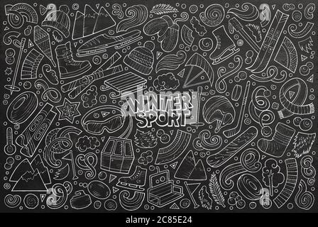 Lavagna vettore Doodle disegnata a mano cartone animato di oggetti e simboli di sport invernali Illustrazione Vettoriale