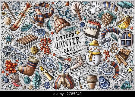 Cartoni animati doodle disegnati a mano vettoriale di oggetti e simboli invernali Illustrazione Vettoriale