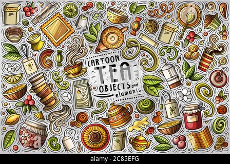 Insieme vettoriale di elementi, oggetti e simboli del tema Tea Illustrazione Vettoriale