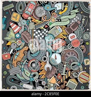 Fumetti vettoriali doodles illustrazione automobilistica. Colori brillanti le automobili sono un servizio divertente Illustrazione Vettoriale