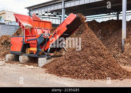 tritatutto industriale per legno che produce trucioli di legno dalla corteccia Foto Stock