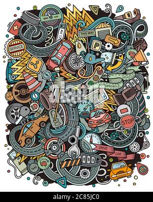 Illustrazione divertente dei doodles vettoriali disegnati a mano per uso automobilistico. Illustrazione Vettoriale