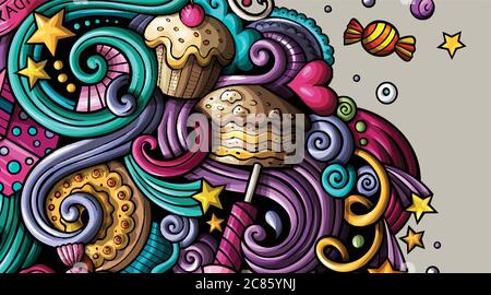 Festa mano doodle banner disegnato. Opuscolo dettagliato su Cartoon. Illustrazione Vettoriale