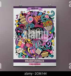 Cartoon colorful Doodles disegnati a mano modello poster per le feste Illustrazione Vettoriale