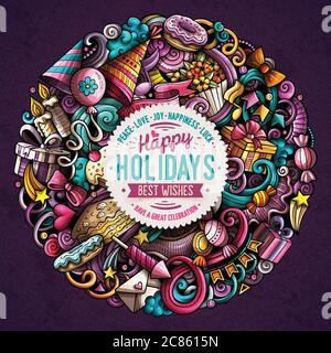 Illustrazione dei doodles vettoriali disegnati a mano per le vacanze. Poster di compleanno Illustrazione Vettoriale