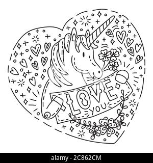 Unicorn divertente con cuore ti ama in stile doodle. Concetto di giorno di San Valentino. Personaggio cartoon. Illustrazione vettoriale di stock per abbigliamento, stampa, design, Illustrazione Vettoriale