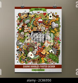Cartoon colorato doodles disegnati a mano poster del Casinò Illustrazione Vettoriale