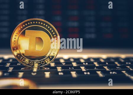 Crypto Market. Un moneta Golden Dogecoin su computer laptop Cryptocurrency Financial Systems Concept. Foto Stock