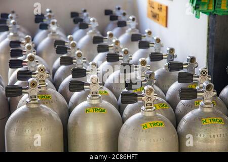 Bombole standard per immersioni subacquee in aria e nitrox si sono allineate al Wakatobi Resort in Indonesia. Qui sono mostrate sia le valvole DIN che quelle standard. Foto Stock