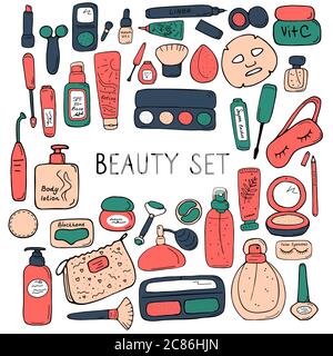 Set di bellezza per carte, poster, striscioni, adesivi, cataloghi, libri. Prodotti per la cura della pelle e trucco per il negozio di cosmetici, negozio online. Icone simpatici per la stampa e. Illustrazione Vettoriale