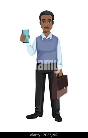 Uomo d'affari afro-americano che tiene smartphone e valigia. Allegro bel personaggio di un uomo d'affari cartone animato. Illustrazione vettoriale Illustrazione Vettoriale