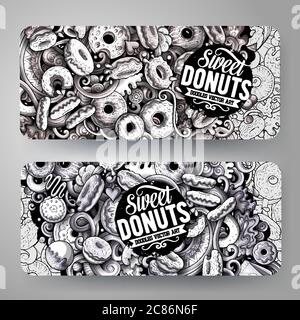 Grafica cartoon vettore monocromo disegnati a mano Doodles Donuts carte d'identità design Illustrazione Vettoriale