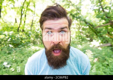 Scopri la vita. Uomo maturo si sente sorpreso. Vacanza in campeggio estiva. Escursione all'hipster dell'uomo. Cura della barba maschile. Hipster brutale nella foresta. Scopri nuovi luoghi. Ragazzo caucasico con baffi. Foto Stock