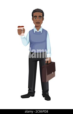 Uomo d'affari afro-americano con una tazza di caffè e valigia. Allegro bel personaggio di un uomo d'affari cartone animato. Illustrazione vettoriale Illustrazione Vettoriale