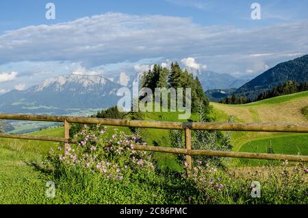 Splendida vista dal Gasthaus Bichler See alla catena montuosa Kaiser, uno dei paesaggi più belli delle Alpi calcaree settentrionali Foto Stock