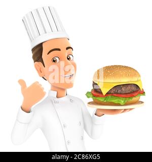 chef 3d che tiene un hamburger grande con il pollice in alto, illustrazione con sfondo bianco isolato Foto Stock