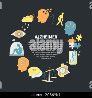 Sintomi di Alzheimer concetto rotondo in stile piatto. Banner o poster modello con segni di malattia degli anziani. Demenza, perdita di memoria, cambiamento di umore e altri Illustrazione Vettoriale