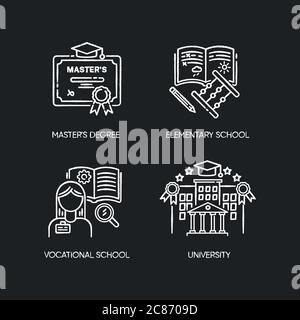 Primaria e superiore istruzione gesso icone bianche impostate su sfondo nero. Master, scuola elementare, università e scuola professionale. Isolato Illustrazione Vettoriale