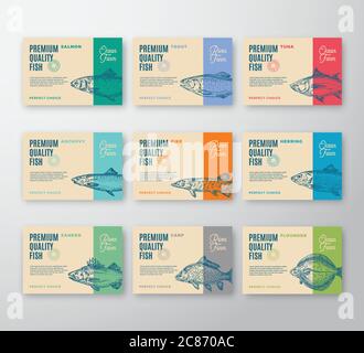 Collezione di etichette per pesci di alta qualità. Disegno o etichetta astratta del packaging vettoriale. Tipografia moderna e Silhouette di pesce disegnate a mano sfondo Illustrazione Vettoriale