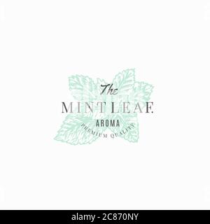 Il simbolo vettoriale, il simbolo o il modello del logo della foglia di menta. Mint Branch Sillhouette con tipografia retro. Emblema di lusso vintage. Illustrazione Vettoriale