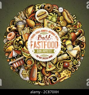 Fastfood disegnati a mano doodles vettoriali illustrazione rotonda. Poster per fast food Illustrazione Vettoriale