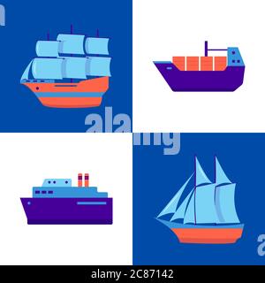 Collezione oceanica di icone navali in stile piatto. Set di simboli marini, inclusi diversi tipi di navi. Elementi di concetto del viaggio in mare. Illustrazione Vettoriale