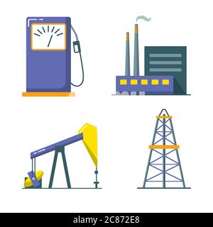 Icona dell'industria petrolifera in stile piatto. Simboli di esplorazione e produzione isolati su bianco. Illustrazione Vettoriale