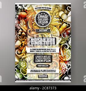 Cartoon acquerello disegnati a mano doodles Fast food poster modello di progettazione Illustrazione Vettoriale
