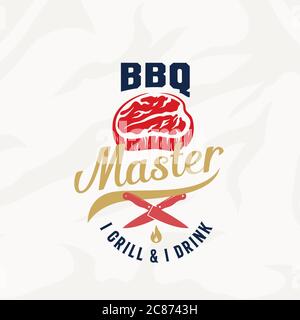 Etichetta vettoriale vintage, cartoncino, emblema o modello con logo BBQ Master. Tipografia retrospettiva e grana carne. Silhouette di bistecca con coltelli e fuoco. Illustrazione Vettoriale
