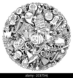 Fumetto vettore doodles felice illustrazione di Halloween. Delineare divertente foto rotonda Illustrazione Vettoriale