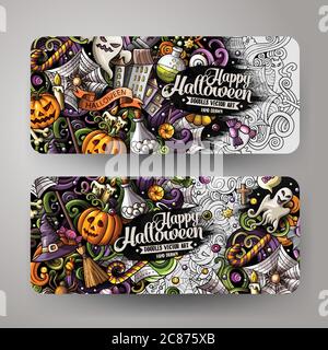 Cartoon carino vettore colorato doodles disegnati a mano Halloween banner Illustrazione Vettoriale