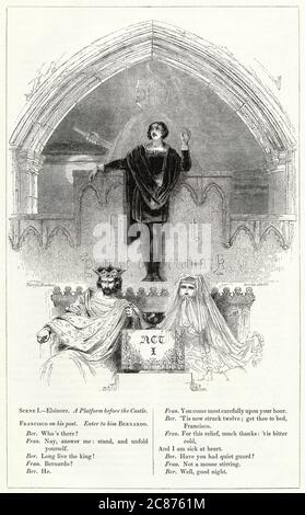 Illustrazione di Kenny Meadows ad Amleto, Principe di Danimarca, di William Shakespeare. Illustrazione introduttiva dell'atto i, con Amleto e il fantasma di suo padre sulle merlature sopra, con re Claudio e la regina Gertrude seduti sui loro troni sotto. Foto Stock