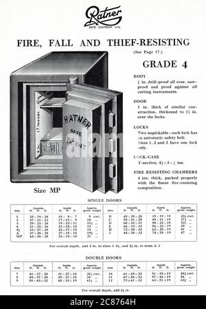 Ratner brevettato, resistente al fuoco, alle cadute e ai ladri, grado 4, dimensione MP, con dettagli e misurazioni. Foto Stock