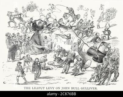 Cartoon,The Liliput Levy on John Bull Gulliver -- un commento satirico sulla tassazione che mette a dura prova John Bull (che rappresenta l'uomo britannico della classe media), con un riferimento ai viaggi di Swift Gulliver. Foto Stock