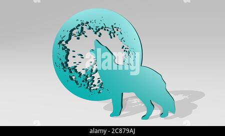 FULL MOON WOLF da una prospettiva con l'ombra. Una scultura spessa realizzata in materiali metallici di rendering 3D, sfondo e illustrazione Foto Stock