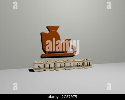 Immagine grafica 3D della SLITTA in verticale insieme al testo realizzato da lettere cubiche metalliche dalla prospettiva superiore, eccellente per la presentazione concettuale e le presentazioni. natale e illustrazione Foto Stock