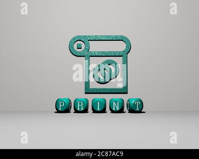 Immagine grafica 3D di stampa verticale insieme al testo costruito da lettere cubiche metalliche dalla prospettiva superiore, eccellente per la presentazione concettuale e le presentazioni. Illustrazione e sfondo Foto Stock