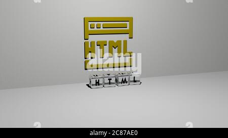 Rappresentazione in 3D di HTML con icona sulla parete e testo disposto da lettere cubiche metalliche su un pavimento a specchio per il significato concettuale e presentazione slideshow. Illustrazione e codice Foto Stock