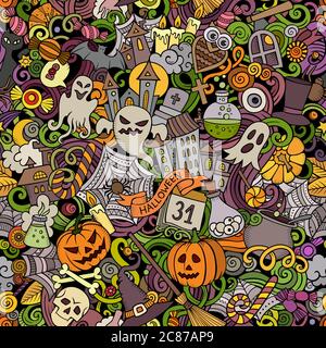 Cartoon carino doodles mano disegnata Halloween modello senza giunture Illustrazione Vettoriale