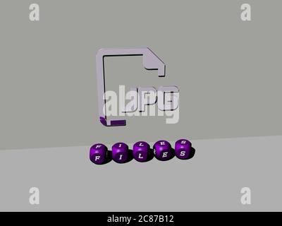 Rappresentazione 3D di FILE con icona sulla parete e testo disposto da lettere cubiche metalliche su un pavimento a specchio per significato concettuale e presentazione presentazione slideshow. Illustrazione e business Foto Stock