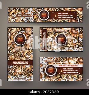 Cartoon colorful vettore doodles Honey insieme di identità aziendale Illustrazione Vettoriale