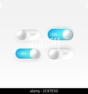 Set di pulsanti blu di potenza a forma rotonda e neomorfismo modificabile. Cursore per sito Web, menu mobile, navigazione e applicazione. Progettazione vettoriale realistica Illustrazione Vettoriale