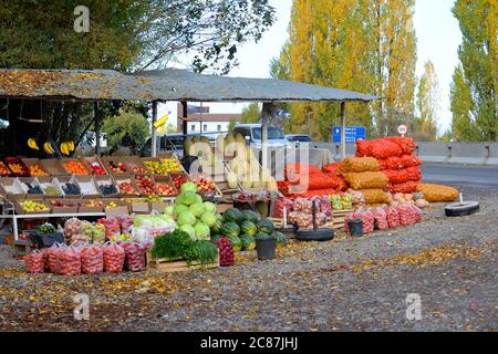 Frutta fresca locale e verdura mercato di stallo sulla strada in campagna Kirghizistan visto vicino Bishkek. Caduta fogliame sul terreno. Foto Stock