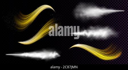 Polvere bianca spray e flussi ondulati di polvere dorata isolati su fondo trasparente. Vettore realistico set di fumo o vapore con particelle spruzzi da aerosol, flusso di spray cosmetico Illustrazione Vettoriale